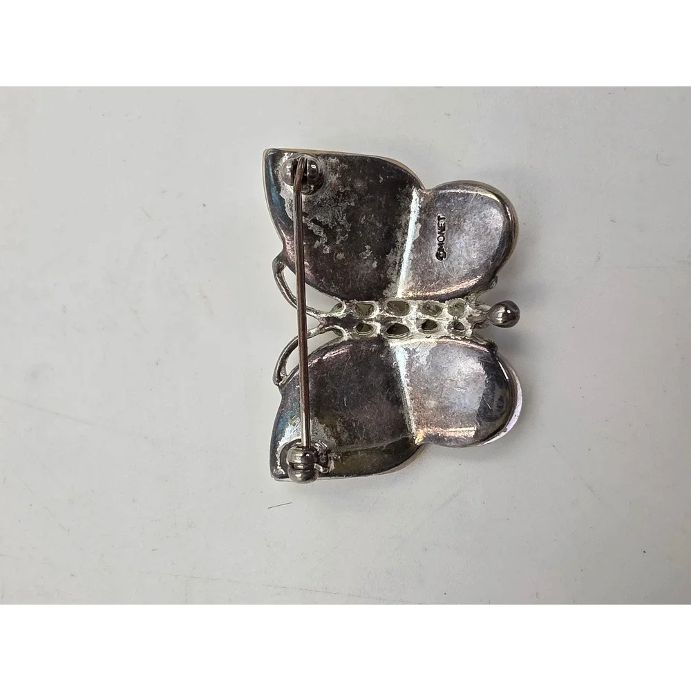 Monet Butterfly Brooch Mother of Pearl Rhinestone Silver Tone Vintage Pin
